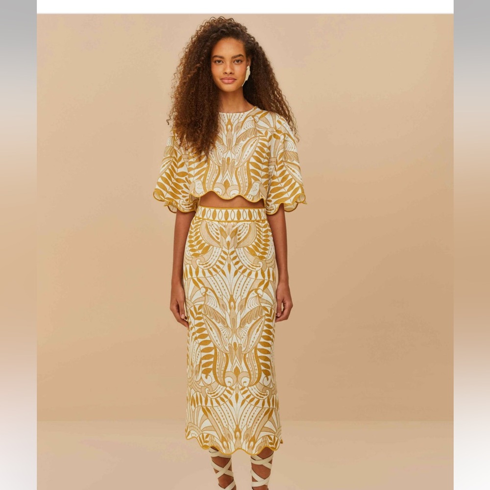 Farm Rio Lace Nature Euroflax linen midi skirt
